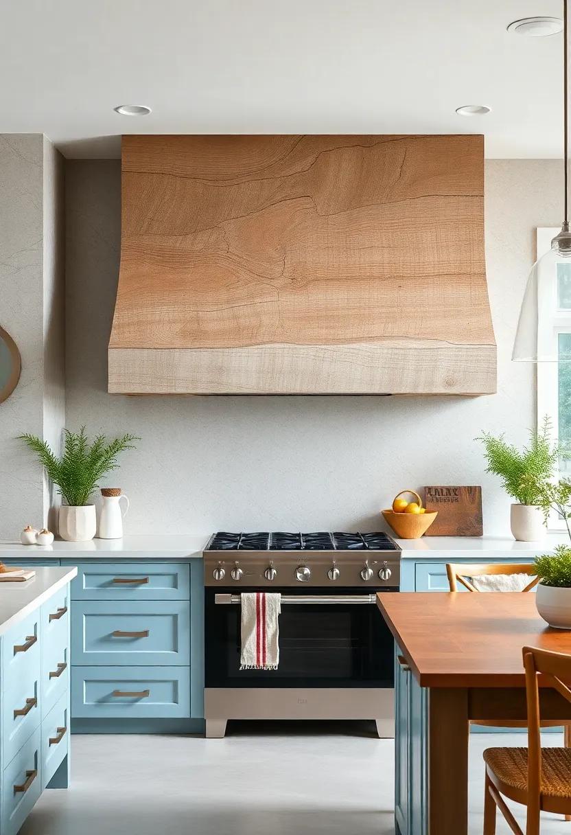 This coastal-inspired kitchen showcases a driftwood-textured range hood that echoes the beachy vibes, ⁢paired with soft blue cabinets and ‍airy feel of natural light ​streaming in