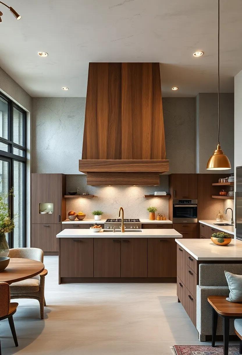 This high-end ⁤kitchen design showcases an oversized wooden hood that is both functional and decorative, enhancing the rustic charm of an or else modern space