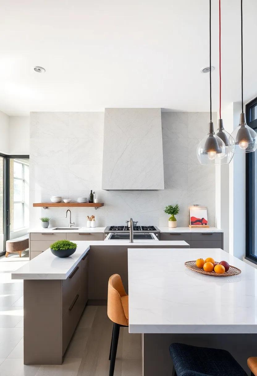 This open-concept kitchen incorporates a modern geometric hood that reflects the angular lines of the space, paired with sleek quartz countertops and striking pendant lights