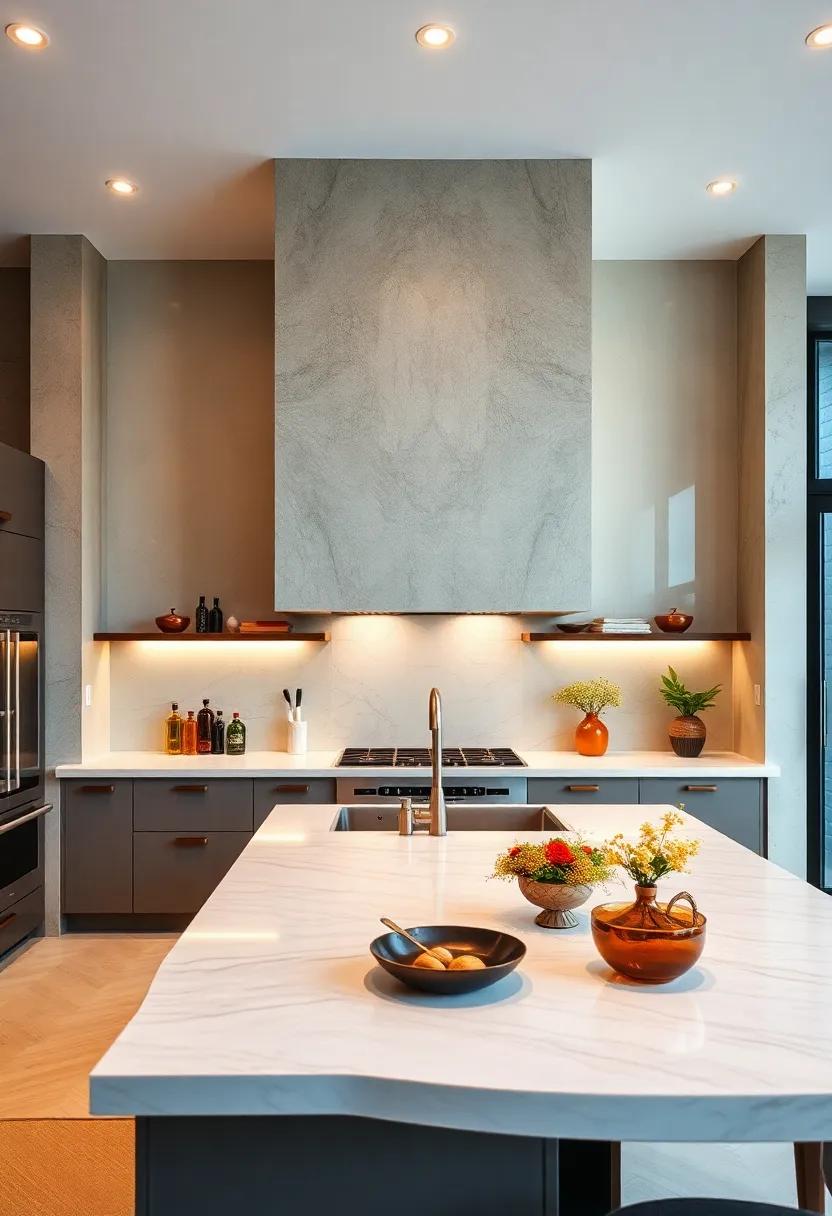 This upscale​ kitchen features a striking waterfall‍ hood that commands attention,‍ enhanced by ambient lighting and luxurious materials for ⁤a truly high-end experience