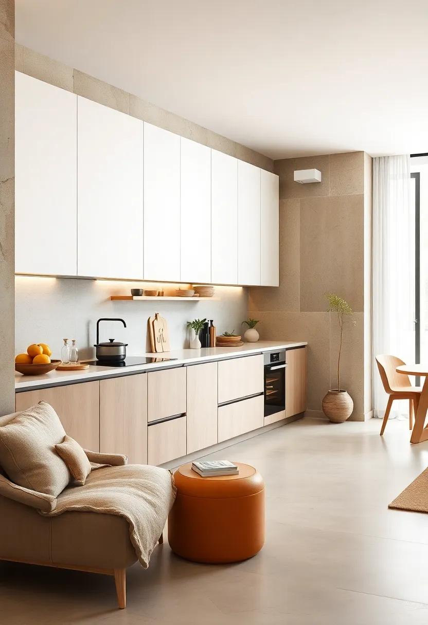 The angular design of this modern kitchen enhances its minimalist vibe, with appliances that are perfectly tucked away, giving a polished finish