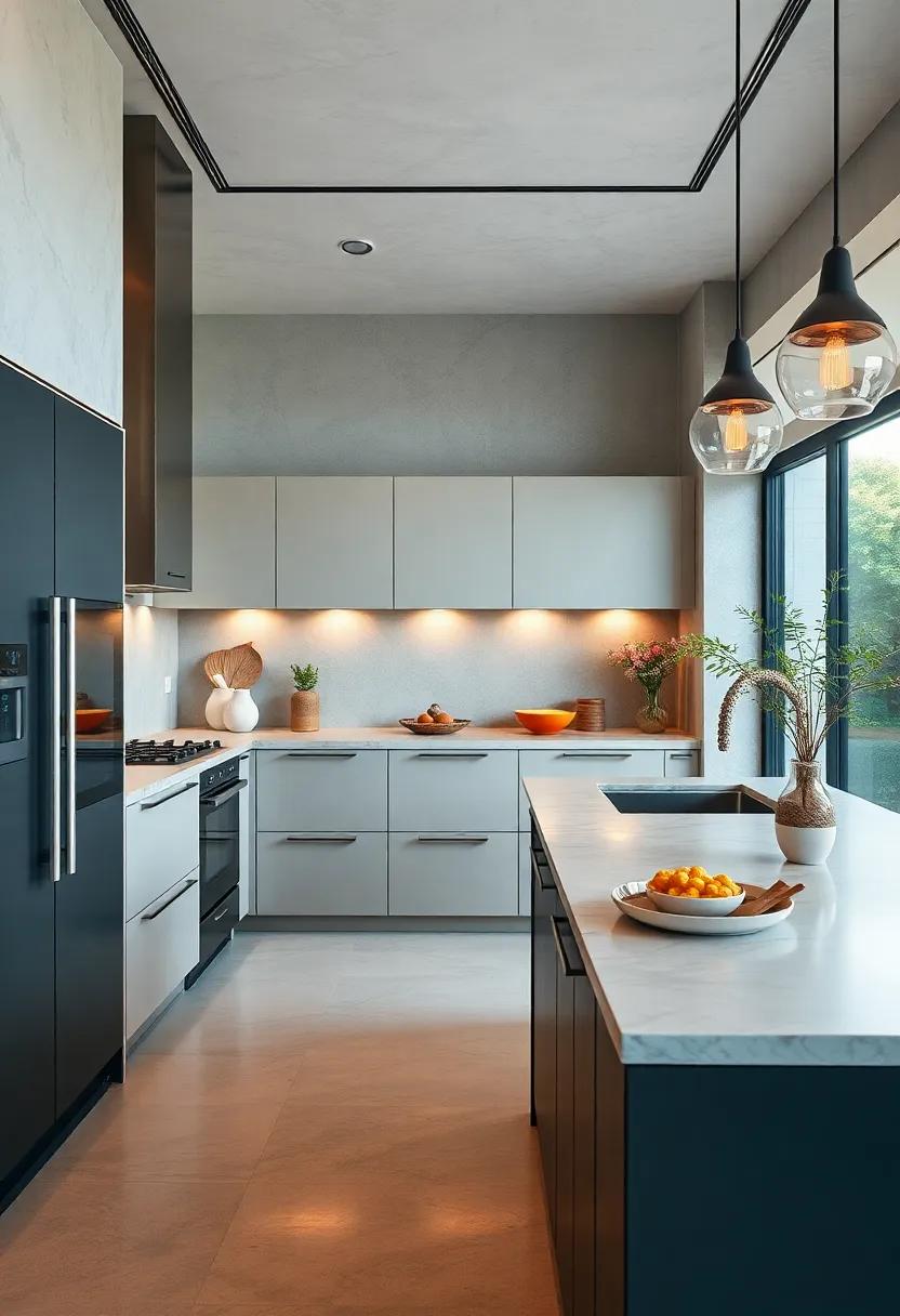 A blend of matte and glossy surfaces brings a modern twist to this minimalist kitchen, where integrated appliances enhance both beauty and efficiency