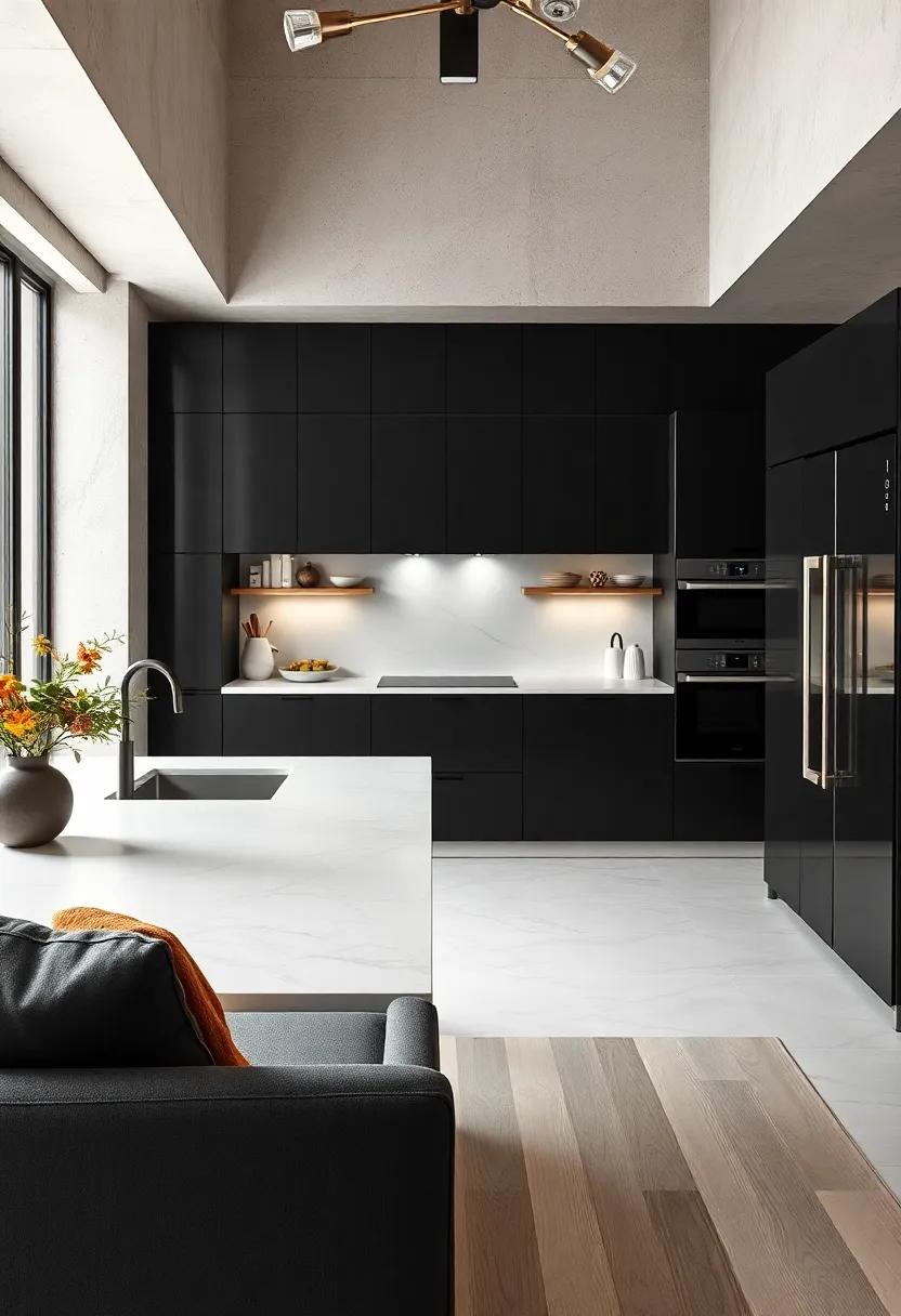 Boldly functional,this black-and-white kitchen highlights built-in appliances that maintain clean lines and emphasize a monochromatic aesthetic