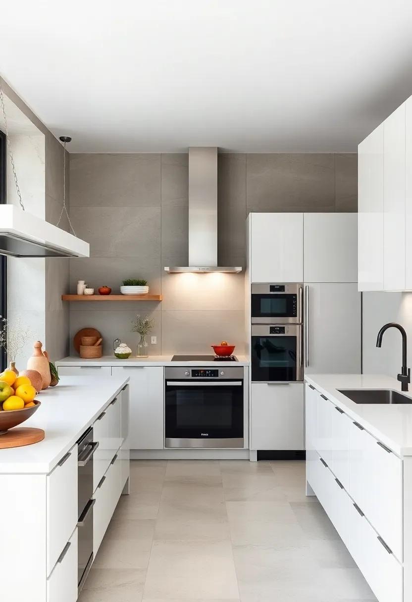 Daringly minimalist, this kitchen utilizes white and steel elements with hidden appliances, crafting a space that is both functional and striking