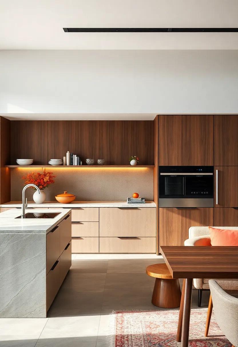 Featuring an innovative pull-out refrigerator, this kitchen harmonizes advanced technology with a minimalist approach to furniture layout