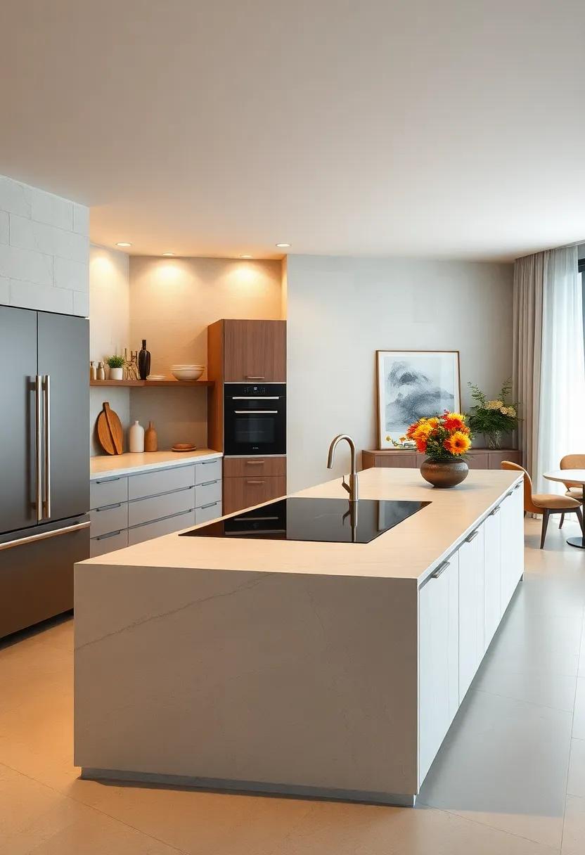The minimalist design of this kitchen showcases a sleek induction cooktop integrated into the island, prioritizing both aesthetic appeal and usability
