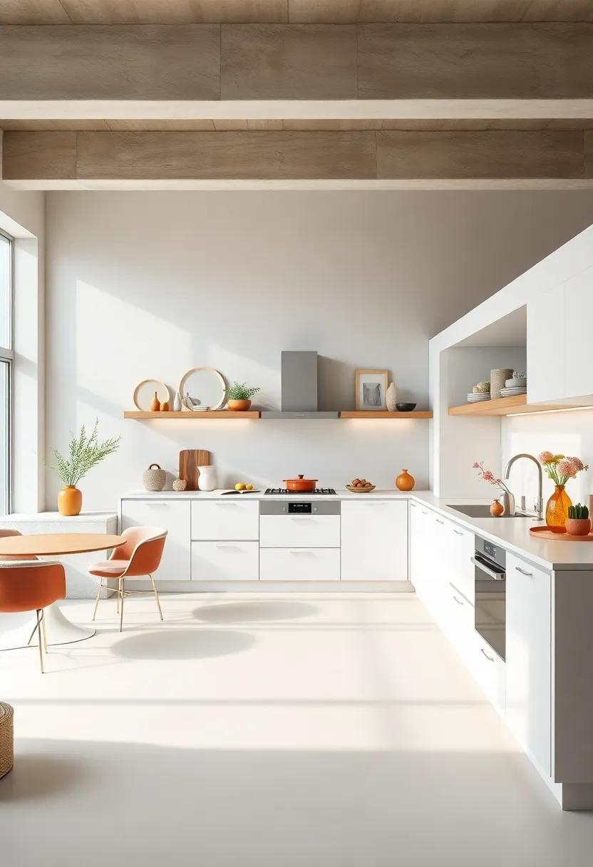 Natural light floods this airy white kitchen, designed with integrated appliances that encourage a clean and open atmosphere perfect for modern living