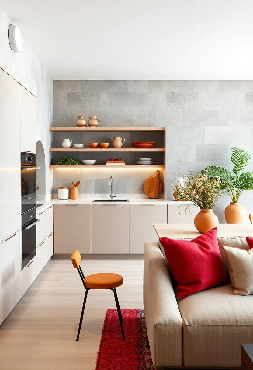 An open shelving concept paired with integrated appliances makes this minimalist kitchen feel airy and approachable, ideal for casual gatherings