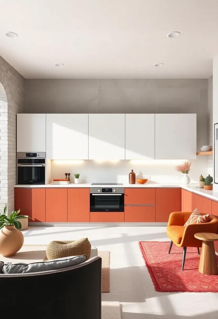 Pops of color against a backdrop of white cabinetry create visual interest in this minimalist kitchen with integrated appliances that are almost invisible at first glance