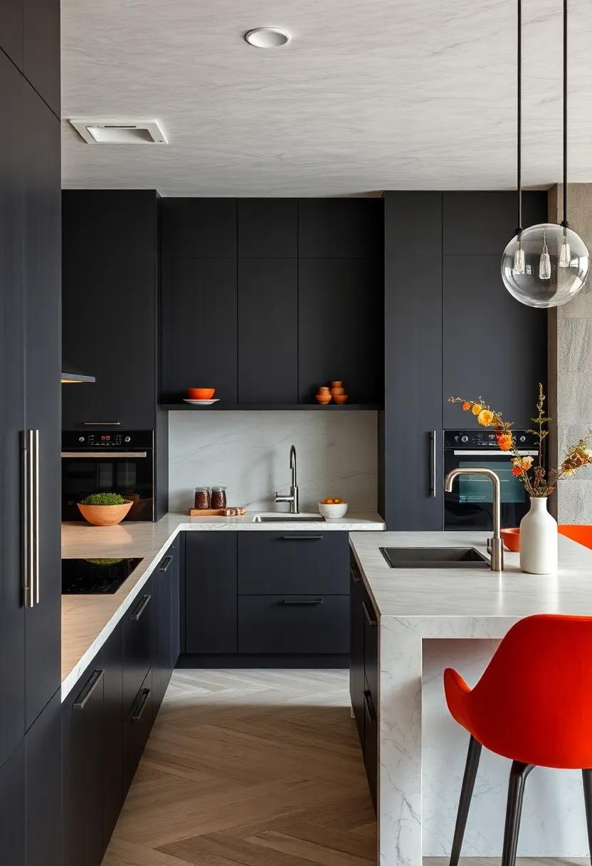 A sharp contrast of dark cabinets and light countertops gives this modern kitchen depth, with integrated appliances that contribute to the cohesive design