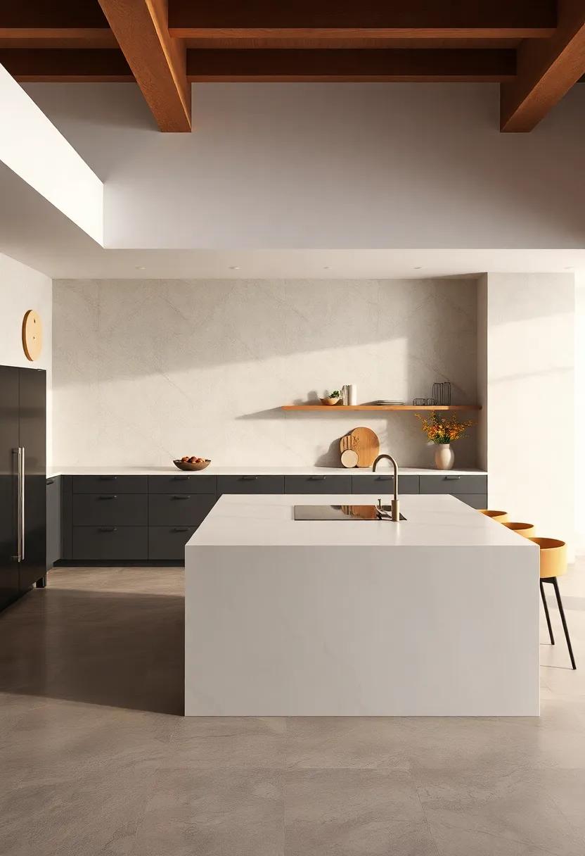 This minimalist kitchen features a stunning island with an integrated cooktop, allowing for fluid movement and maximizing space without sacrificing style