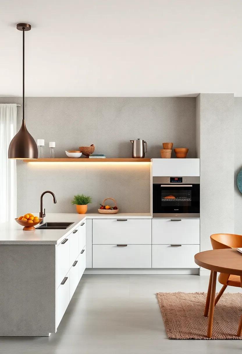 This kitchen's clever design includes a lift-up countertop that conceals appliances, merging functionality with contemporary elegance