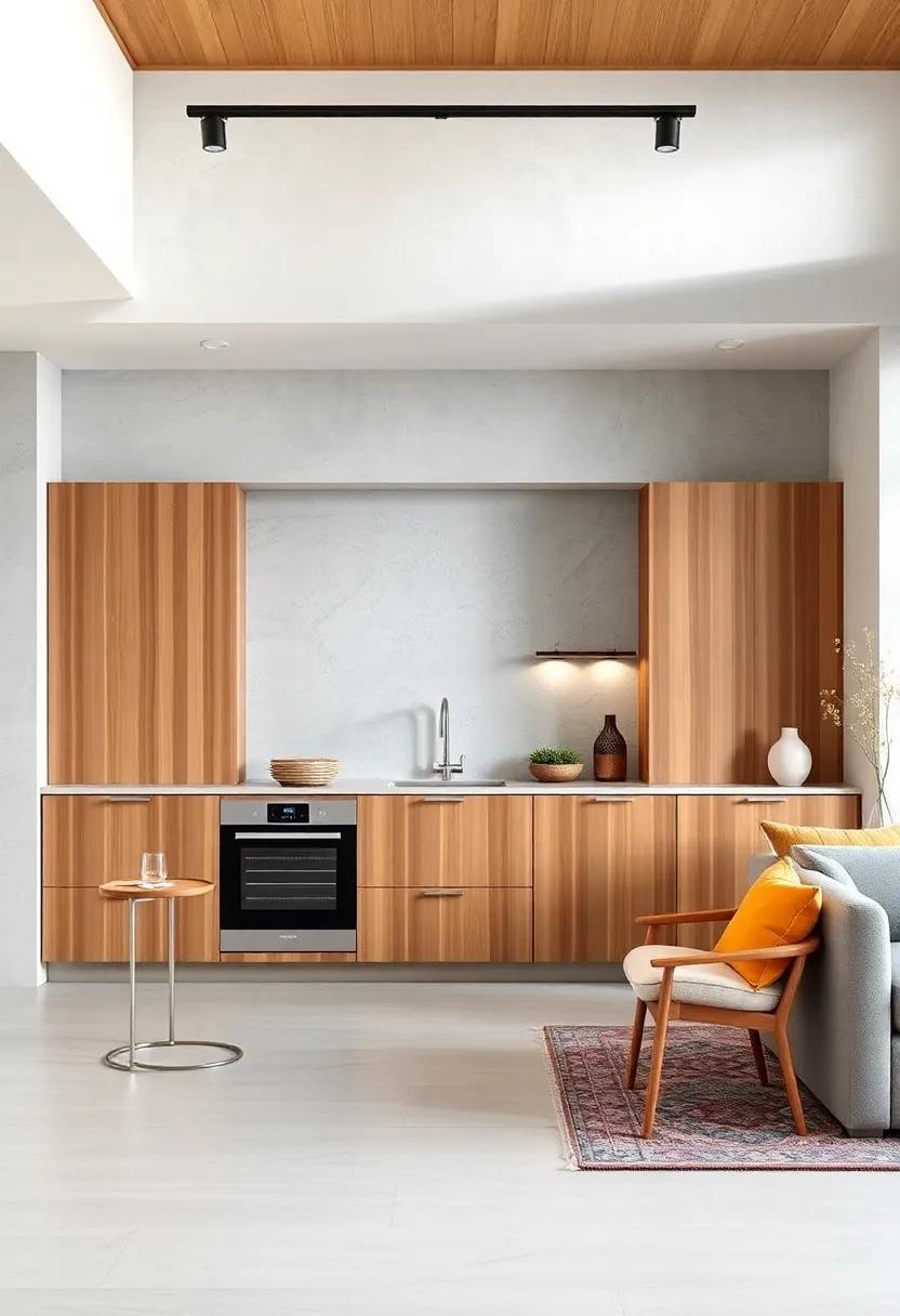 This zen-inspired kitchen features integrated appliances behind sliding wood panels, promoting tranquility without compromising on modernity