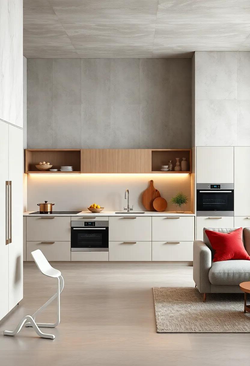 This sophisticated kitchen showcases seamless integration of tech and style, with minimalist appliances designed to enhance rather than distract