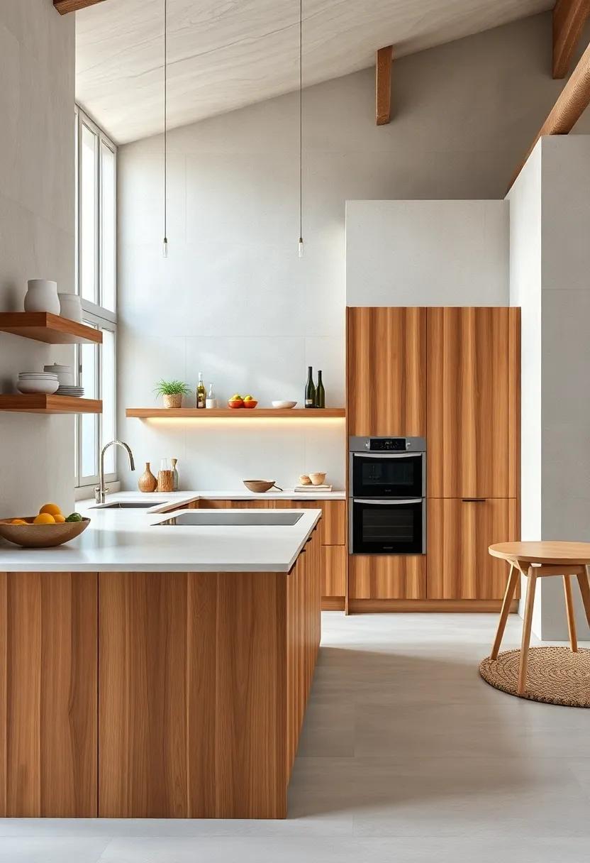 Utilizing natural materials, this modern kitchen features integrated wooden appliances that complement the clean lines while adding warmth