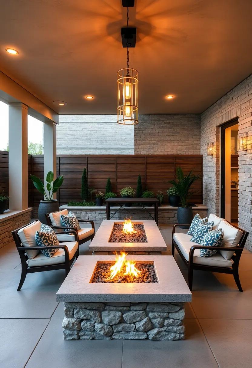 Transform your patio into an intimate dining space with a built-in fire pit at the center, encouraging warmth and conversation
