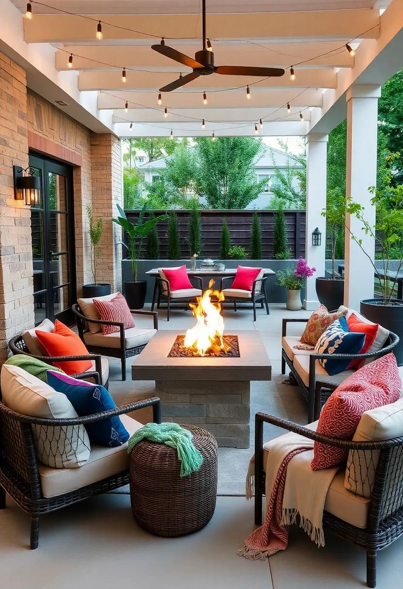 introduce vibrant outdoor cushions and throws around your fire pit to add color and comfort for a stylish setting