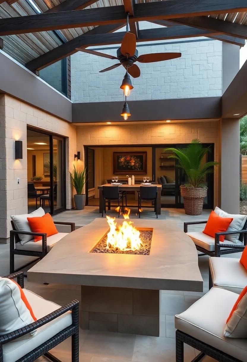 Utilize a fire pit table that combines dining and warmth, allowing you to enjoy meals with friends while keeping comfortable