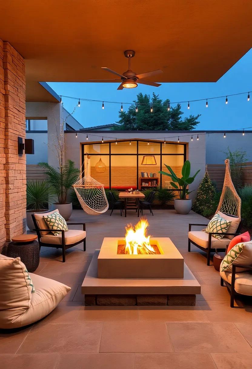 Experiment with various seating options like hammocks and bean bags around the fire pit for a laid-back dining vibe
