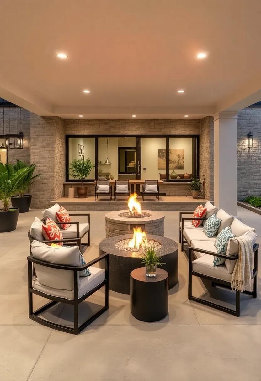 Incorporate a combination of lounge chairs and dining benches around your fire pit to accommodate different dining styles