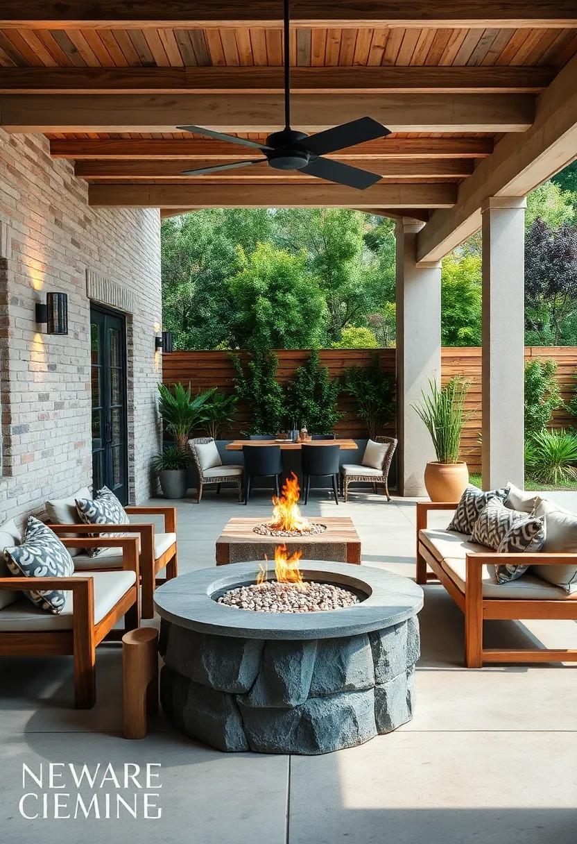Create a rustic outdoor dining area using reclaimed wood furniture paired with a stone fire pit for a natural aesthetic