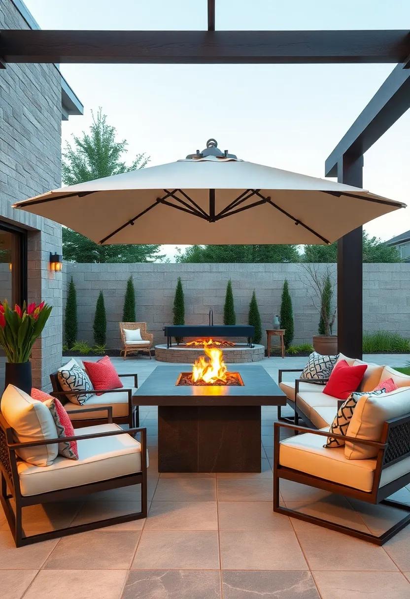 Use a large umbrella or pergola to provide shade during the day and protection for your fire pit when evening temperatures drop