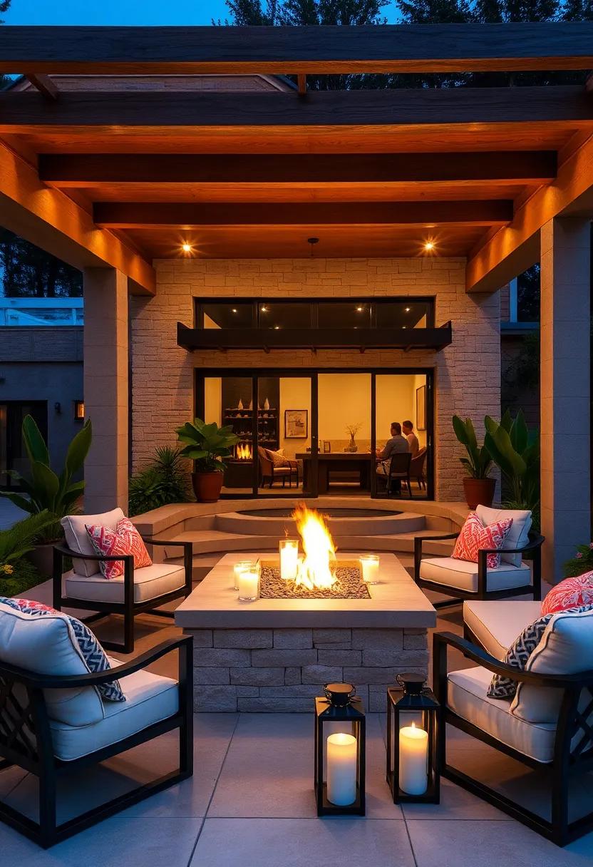 Create layered lighting with candles and lanterns placed around your fire pit to enhance the outdoor dining experience at night