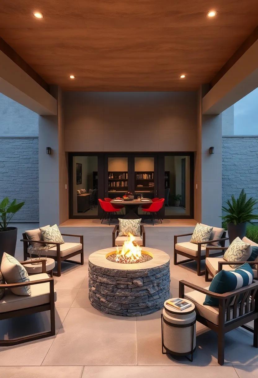 Use a circular layout for your outdoor table, surrounding a central fire pit to create a cozy, communal atmosphere