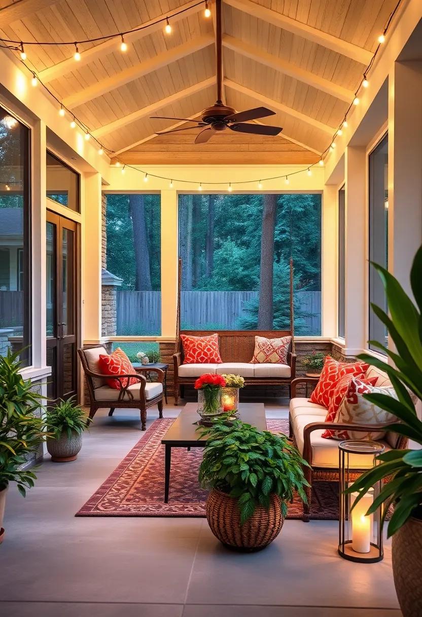 Create focal points by highlighting specific porch features like a swing or decorative wall art with string lights