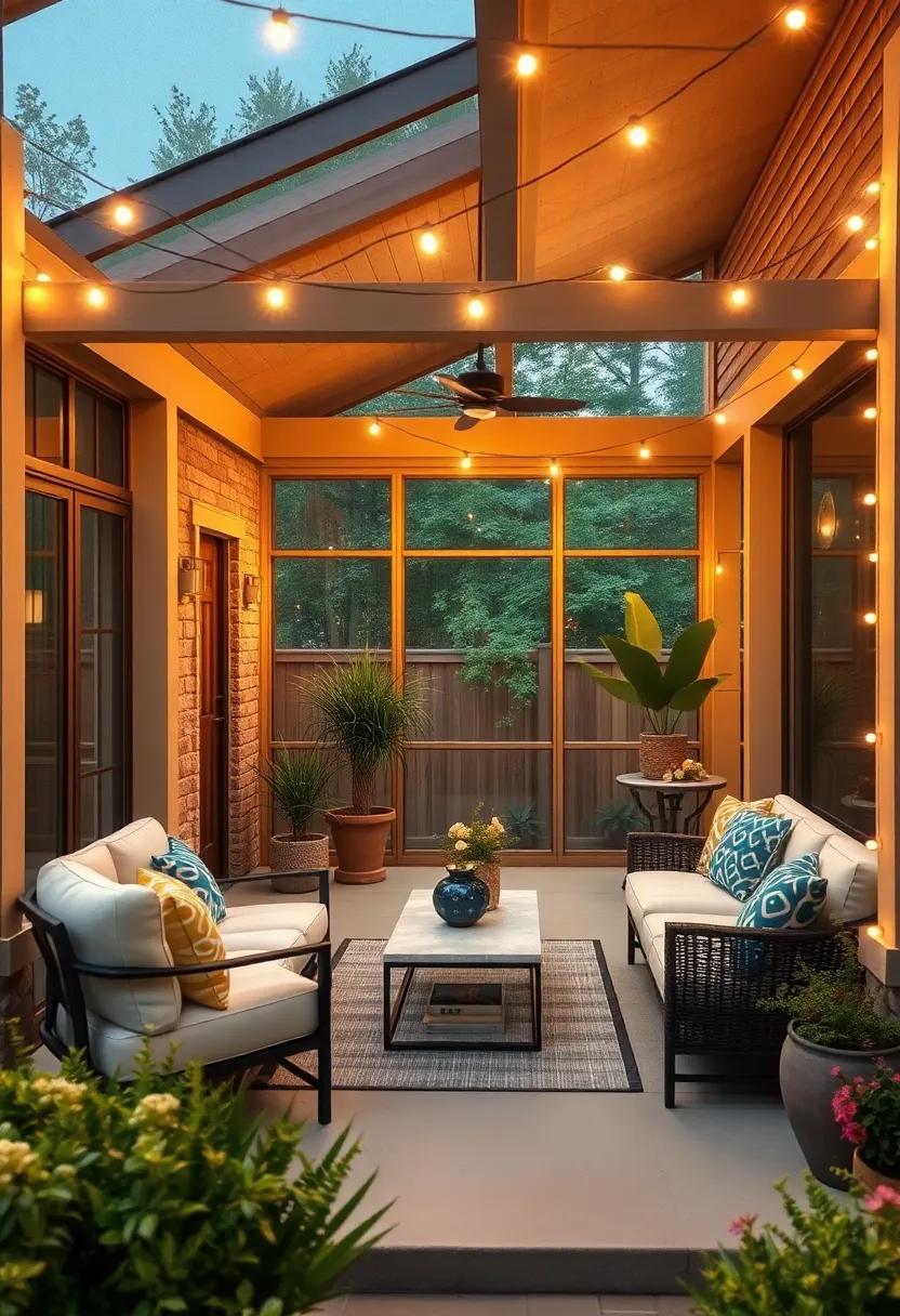 Frame your porch with string lights to define the space and create a welcoming entryway
