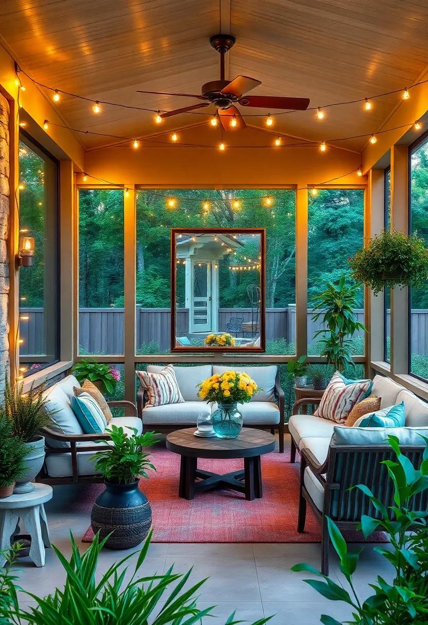 Frame an outdoor mirror with lights to reflect light and create the illusion of a larger space