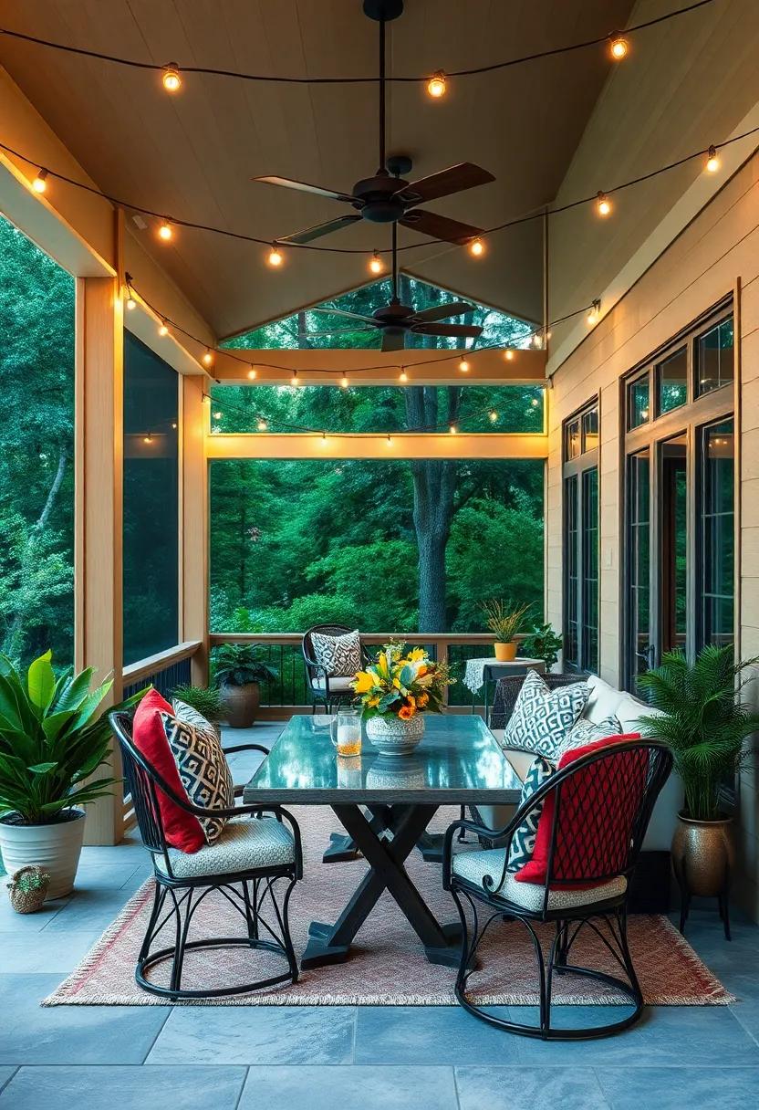 Hang string lights around a designated dining area to set a charming backdrop for al fresco meals