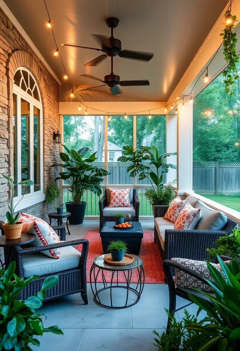Intertwine string lights with faux greenery to enhance the natural feel of your porch