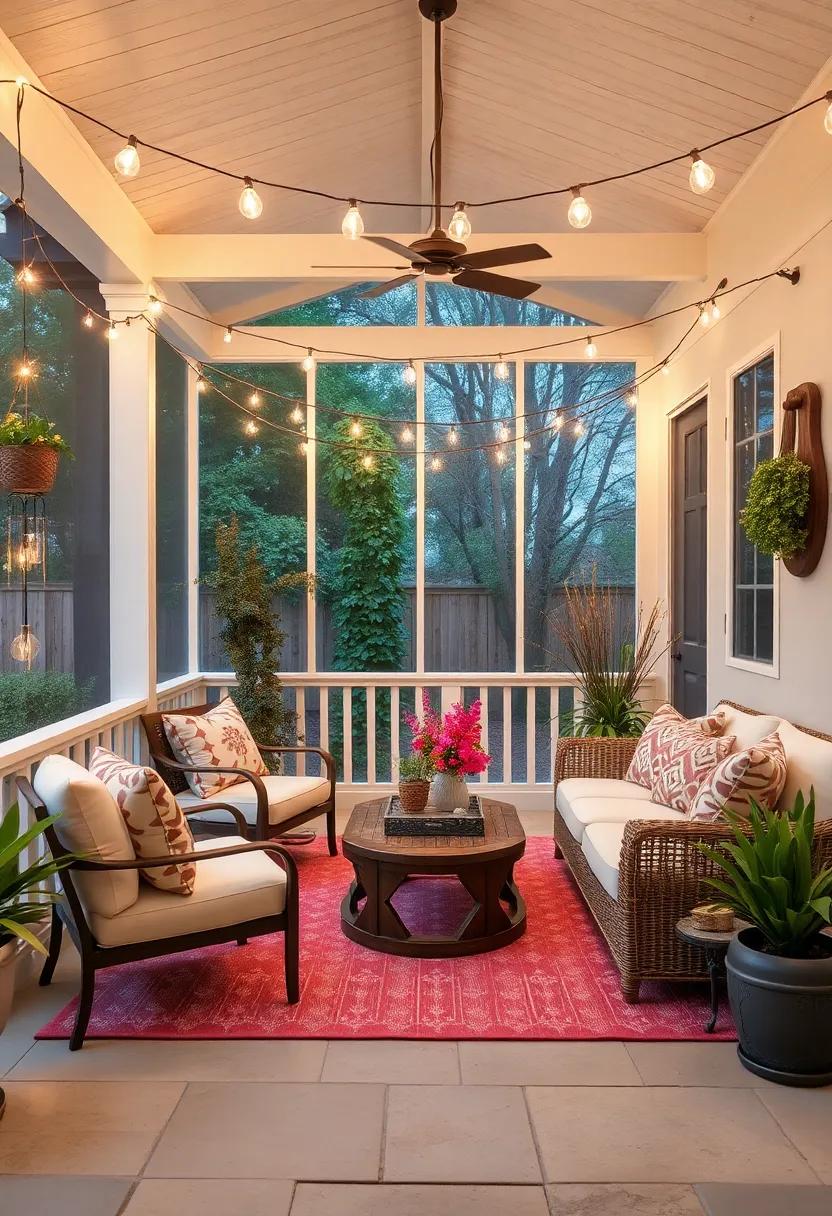 Pair string lights with decorative elements such as wind chimes or hanging plants for a layered, inviting atmosphere