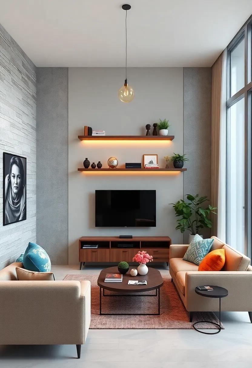 Hang TV and Media Essentials: Wall-mount your TV and use floating shelves for media equipment to keep surfaces clear and maintain a sleek look