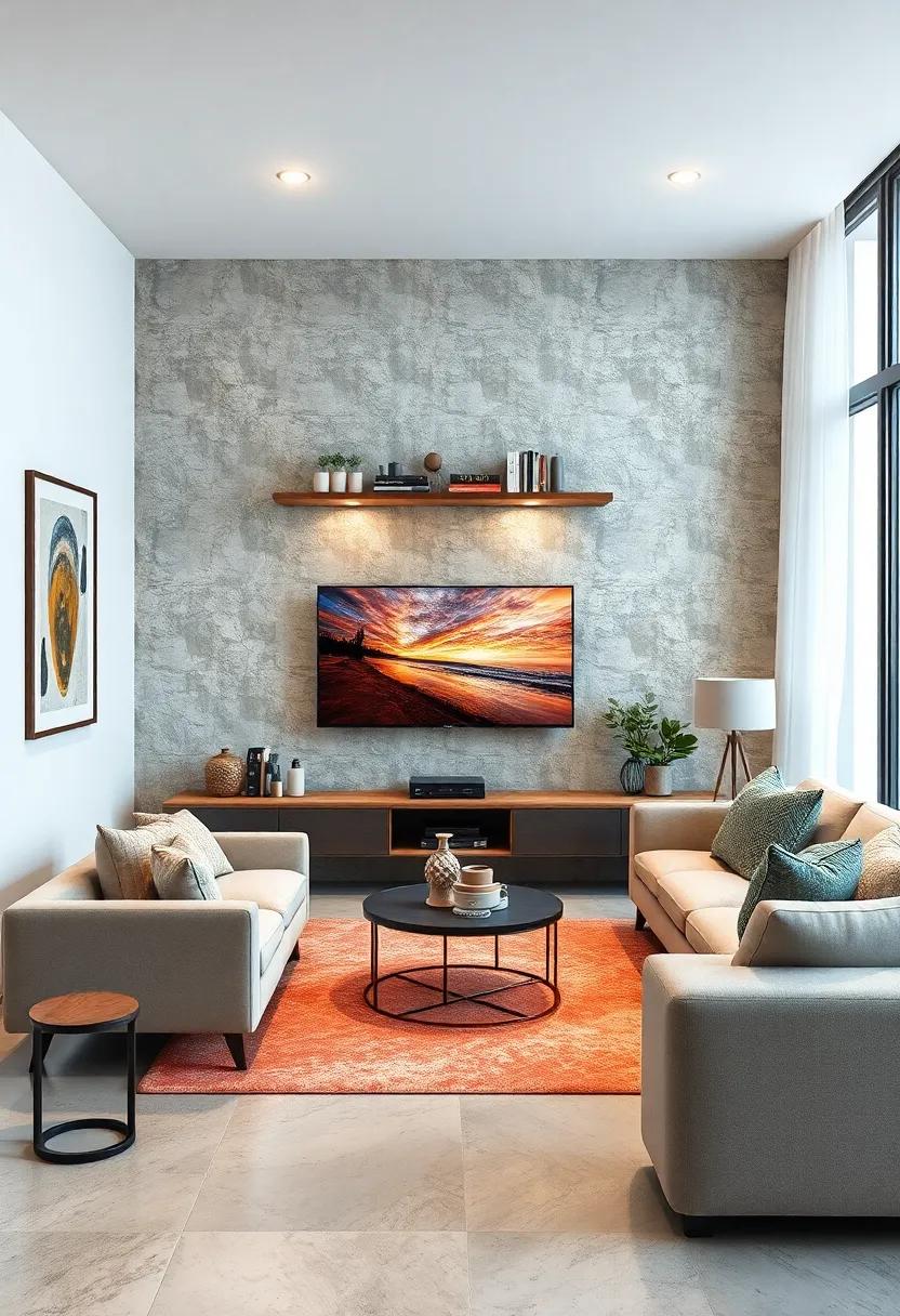 Go for a Floating TV Stand: A wall-mounted TV unit frees up floor space and can be paired with floating shelves for additional storage and display