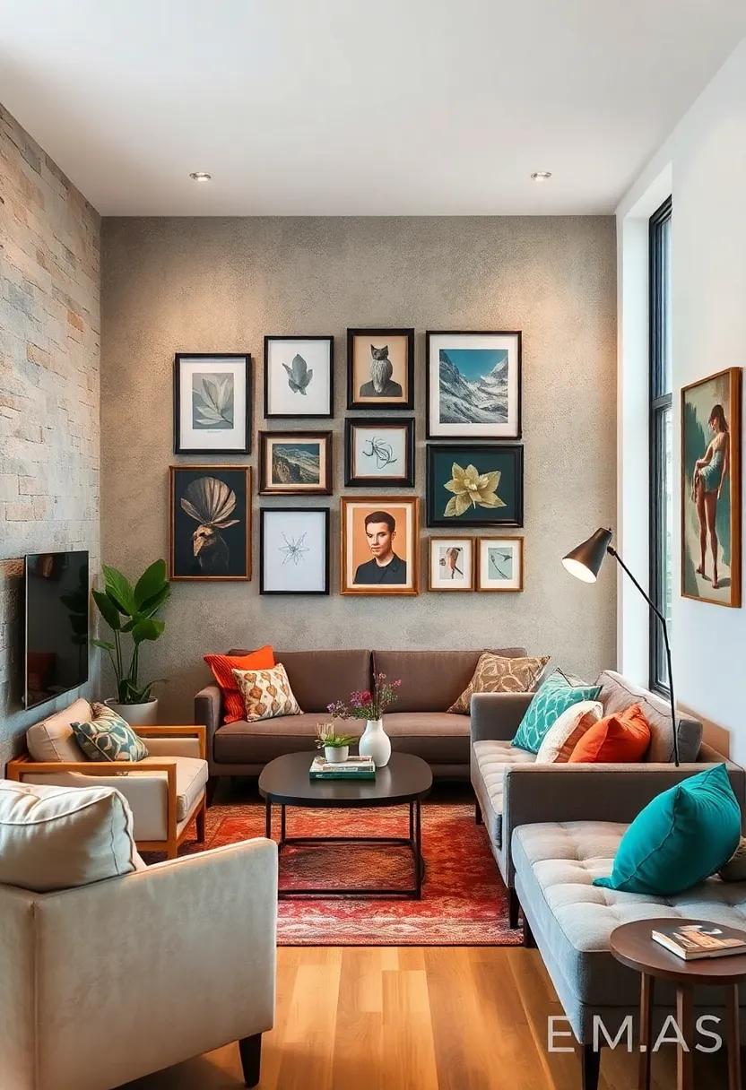 Create a Gallery Wall: Instead of traditional artwork on the walls, create a gallery wall with varying frame sizes and styles to add character without taking up valuable space