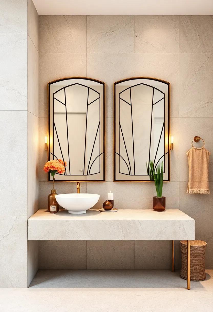 art ​Deco​ Inspired‍ Mirrors: Infuse your bathroom with glamour by opting for mirrors that boast geometric patterns and bold lines characteristic of the Art⁣ deco ‍period