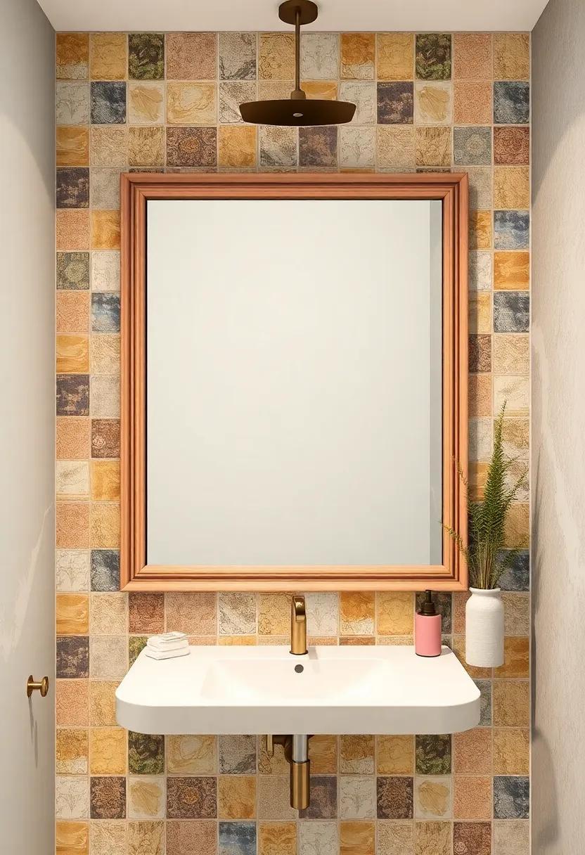 Vintage Framed Tile Mirrors: Combine practicality with style using mirrors surrounded by colorful vintage tiles, adding a unique pop of personality​ to your bathroom