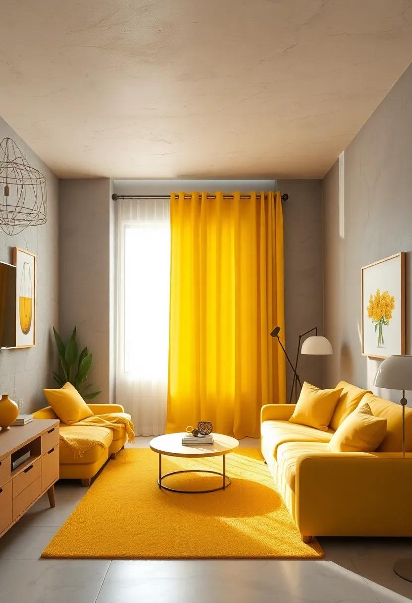 Bright Yellow Curtains: Use yellow curtains to filter sunlight and create a warm, cheerful ambiance for morning wake-up calls