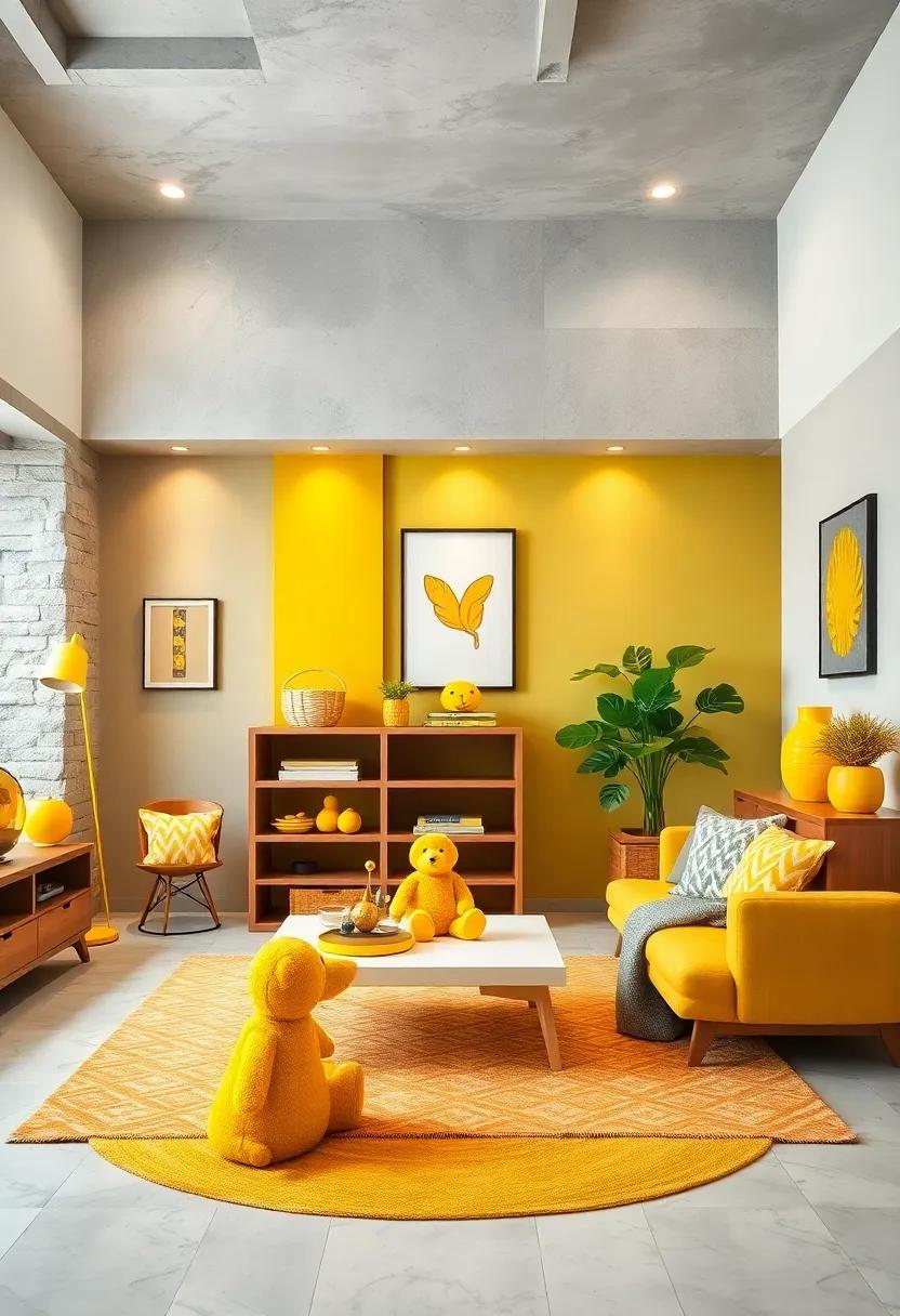 Cheerful Yellow Toys: Fill the room with yellow toys and plushies that add playful elements while adhering to the uplifting color theme
