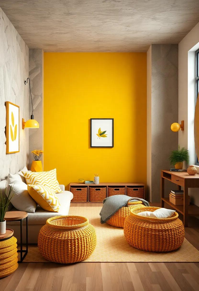 Creative storage Solutions: Use yellow baskets or bins for stylish and organized storage that encourages tidiness and ease