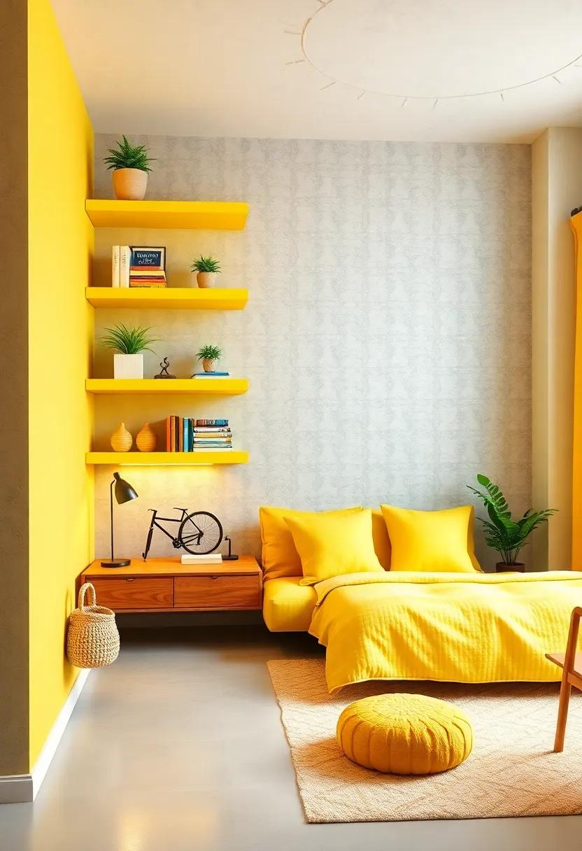 DIY Yellow shelves: Create DIY floating shelves in yellow to display books, toys, or art, enhancing both display and organization