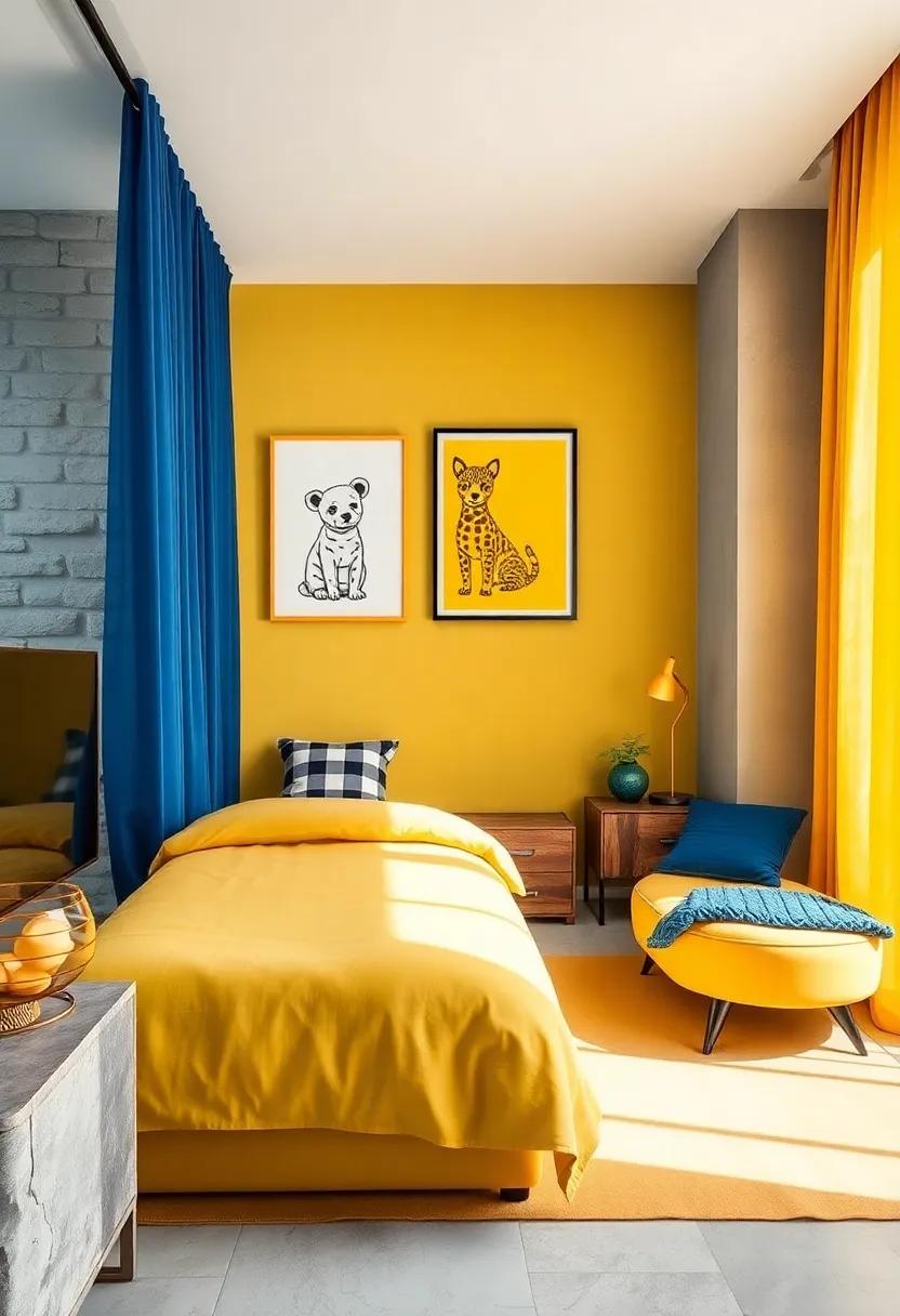 Playful wall Art: Hang framed art featuring favorite animals or characters in vibrant yellow shades to add personality without overwhelming the space