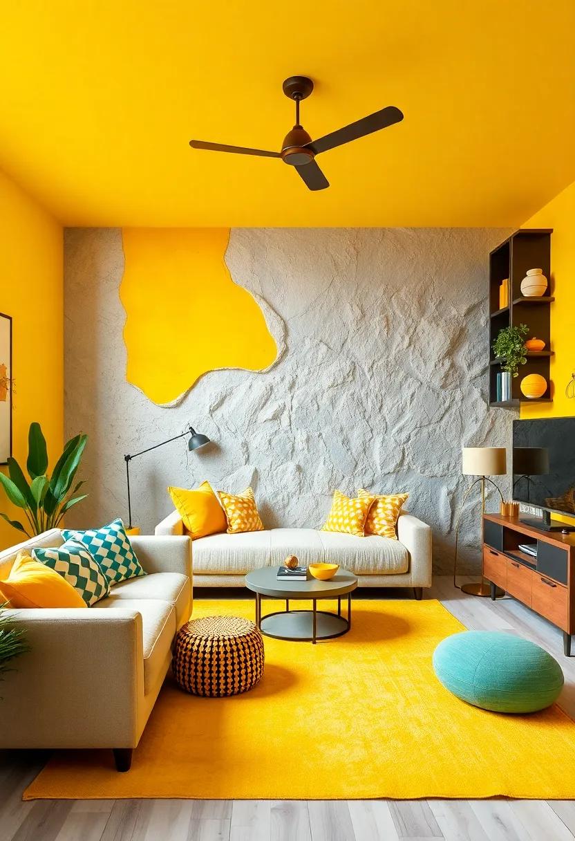 Playful Multi-Colored Murals: Consider a mural that incorporates bright yellow with other vibrant colors to create an energetic and inviting space
