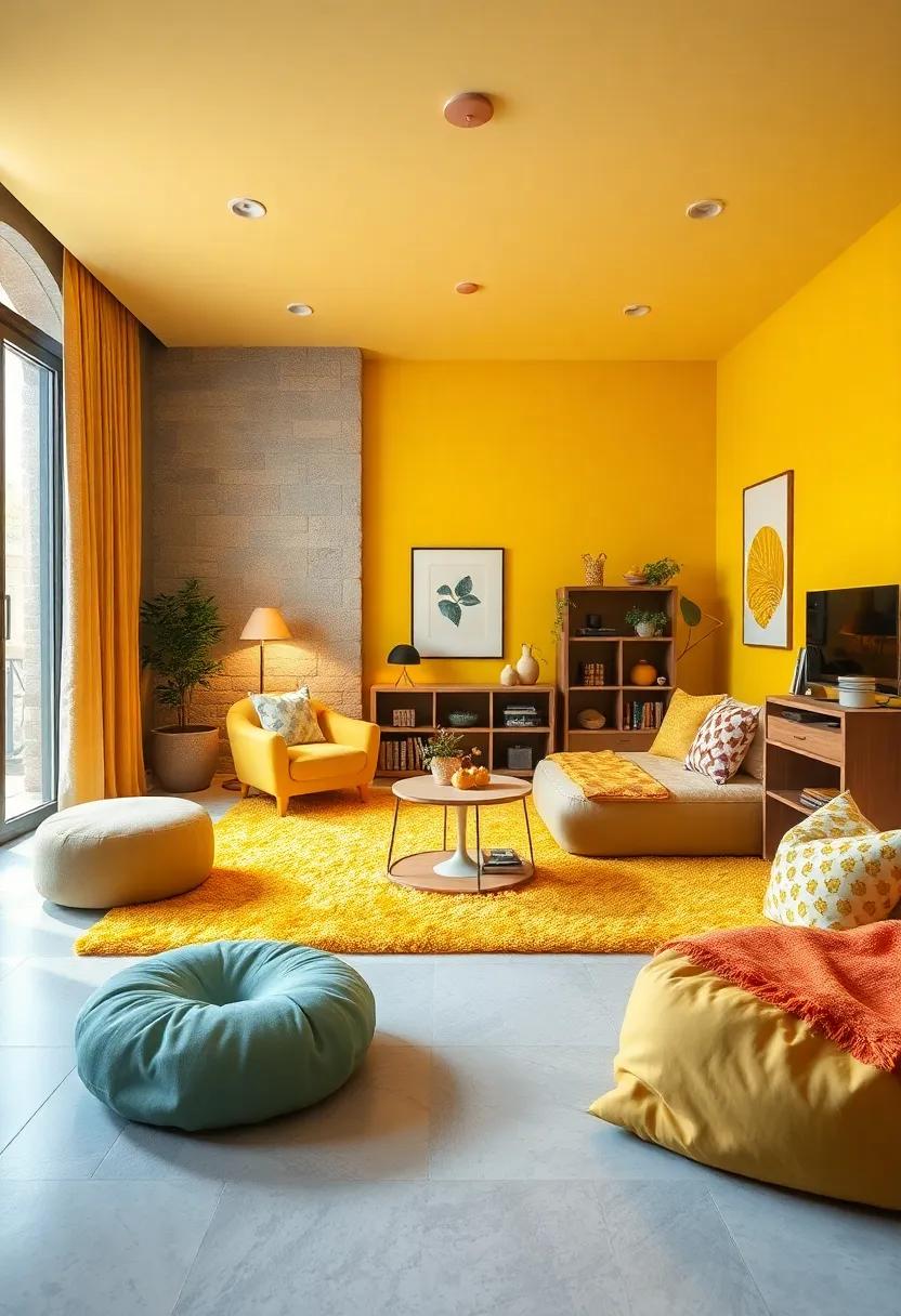 Rug Radiance: Lay down a plush yellow area rug to define the space while offering a soft play area for games and activities