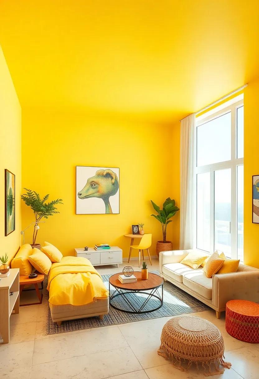 Sunny Ceiling: Consider painting the ceiling a bright yellow to create the illusion of an open sky, making the space feel larger
