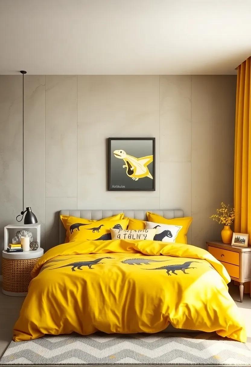 Themed Bedding Sets: Choose themed bedding featuring yellow motifs like dinosaurs or space to inspire imagination and adventure
