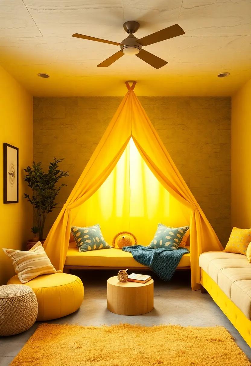 Yellow Play Tent: Set up a playful yellow tent in the corner for a cozy reading nook or imaginative play space