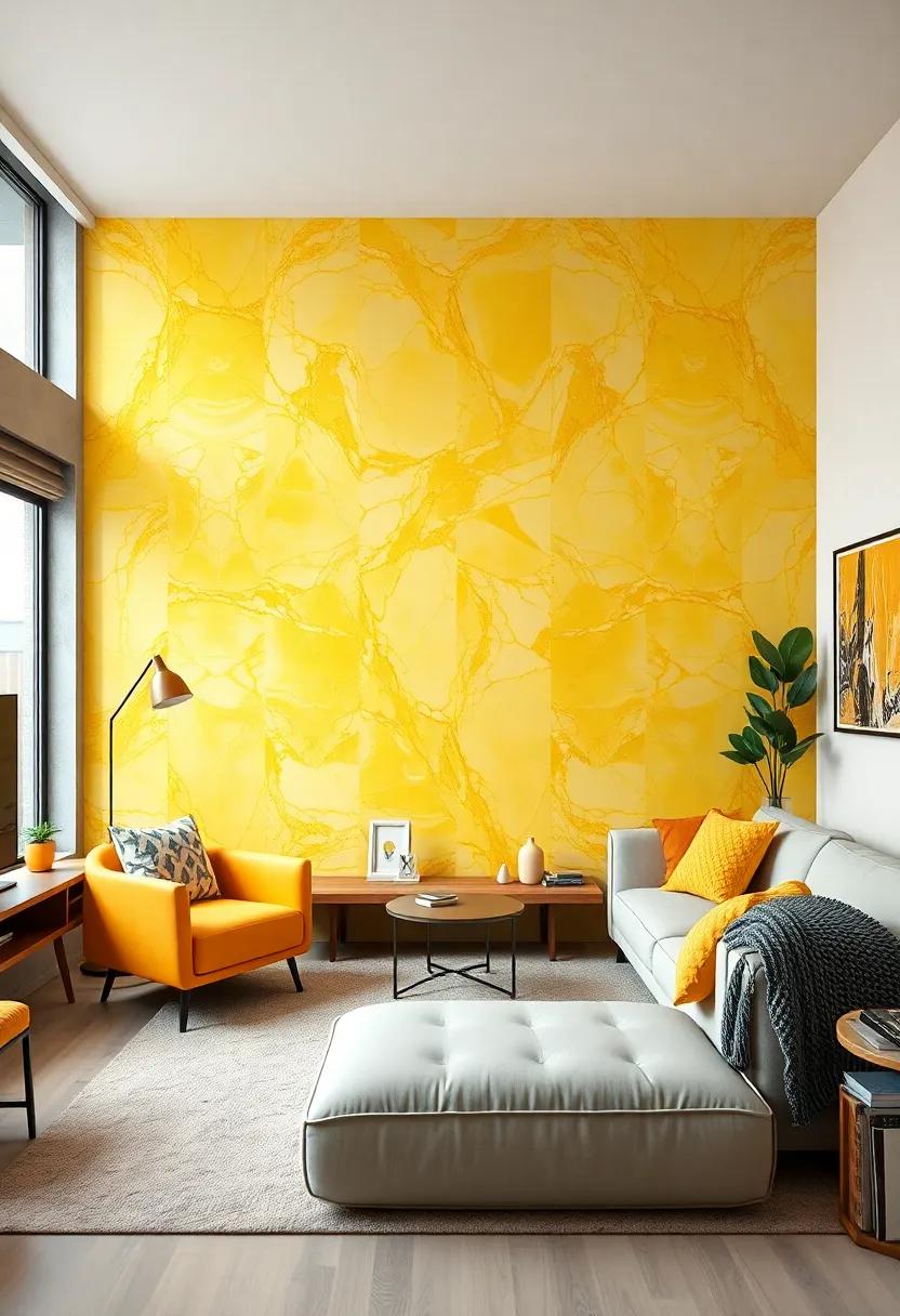 Yellow Marble Accent Wall: Create a bold statement with yellow marble wallpaper or decals that radiate luxury and fun